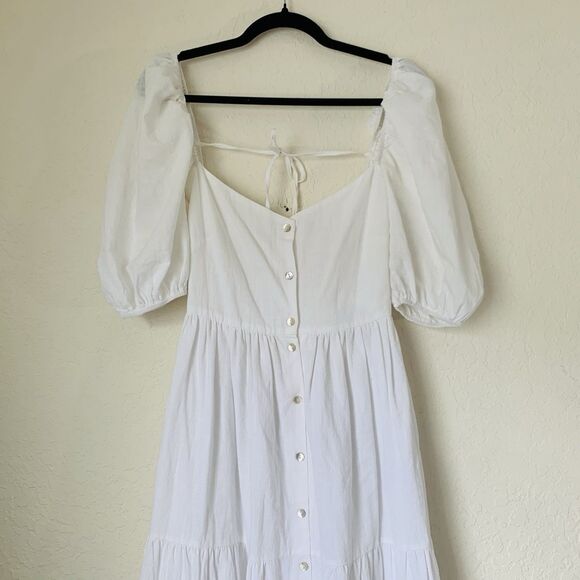 Showpo Palmer Midi Dress US 6 White Puff Sleeve Button Ruffle Tiered Trad Wife - Picture 4 of 14